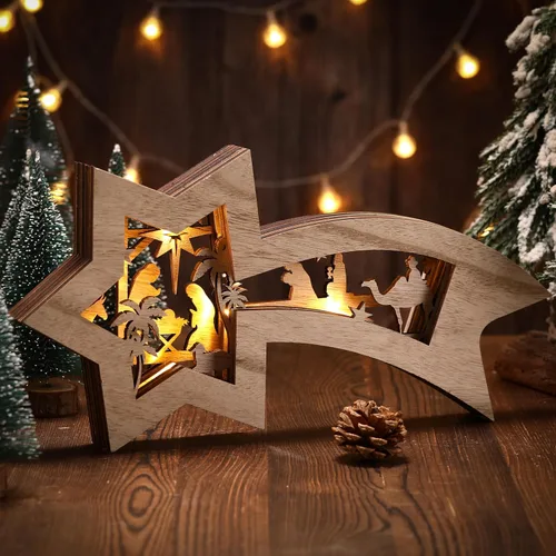 Vista 9 de Juego de belén de madera, juego de mesa de belén de Navidad, adorno de Navidad, decoraciones rústicas religiosas cristianas con luz LED