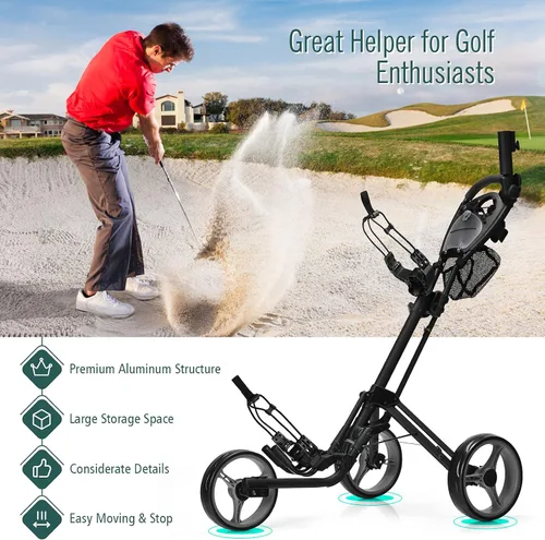 Vista 7 de Tangkula Carrito de golf de empuje, carrito de golf plegable de aluminio ligero de 3 ruedas, carrito de golf con bolsa de almacenamiento y soporte