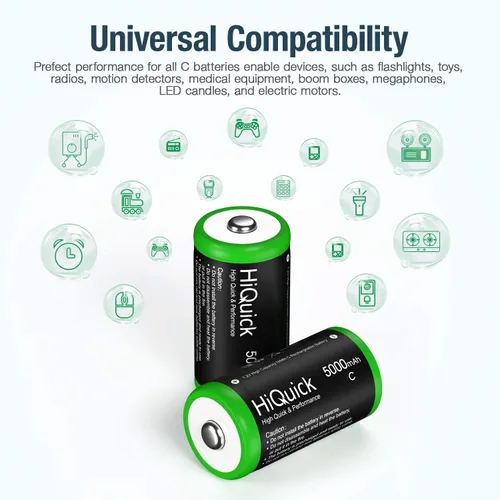 Vista 6 de HiQuick C Baterías recargables 5000mAh - 1.2V Ni-MH alta capacidad C tamaño baterías (paquete de 4)
