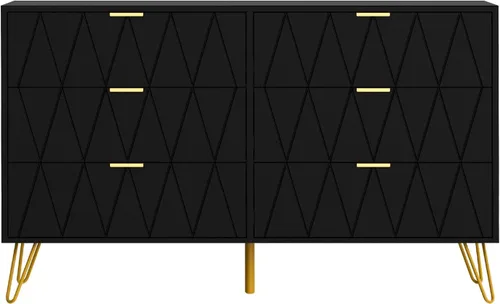 Vista 7 de UEV Cómoda grande negra de 6 cajones, cómoda moderna con cajones anchos y asas de metal, cómoda de almacenamiento de madera para dormitorio, Negro