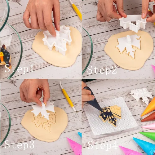 Vista 7 de Flycalf Cortadores de galletas de Halloween, formas de sombrero de bruja con sellos de émbolo, accesorios de horneado de ácido poliláctico