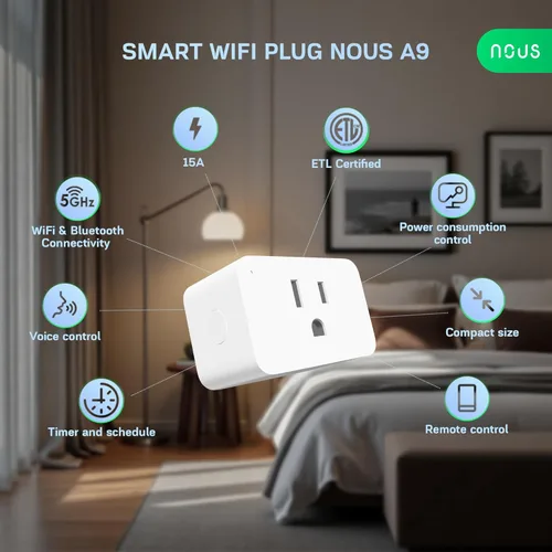 Vista 2 de NOUS Enchufe inteligente Wi-Fi de 5 GHz 15A, monitoreo de energía, compatible con Alexa, Google Home, aplicación inteligente Tuya, control remoto
