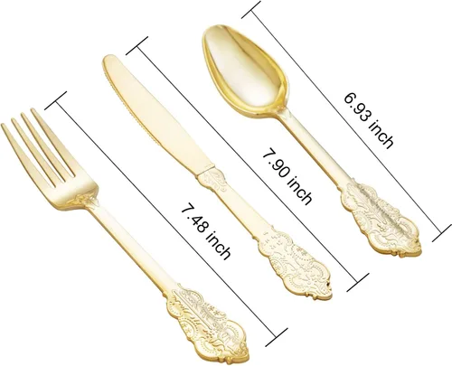 Vista 3 de bUCLA 600 cubiertos de plástico dorado, utensilios de plástico dorado, cubiertos desechables pesados, 200 tenedores, 200 cucharas, 200 cuchillos