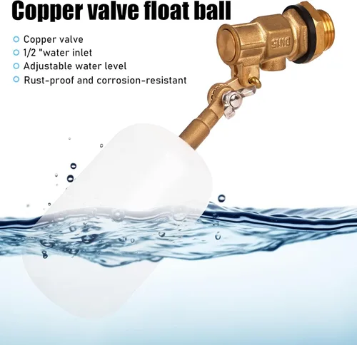 Vista 6 de Válvula de flotador de 1/2 pulgada de latón con brazo ajustable Válvula de control de nivel de agua de 60 PSI llenado y apagado automático