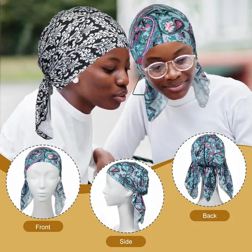 Vista 2 de Geyoga 6 unidades de bufanda para la cabeza para mujer, bufandas preatadas, gorros, gorros, con estampado elástico, para dormir, turbante, bufanda