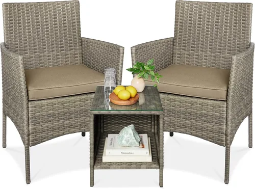 Vista 15 de Best Choice Products - Juego de 3 piezas de muebles de mimbre para conversación de patio, ahorrador de espacio, para jardín, con mesa auxiliar