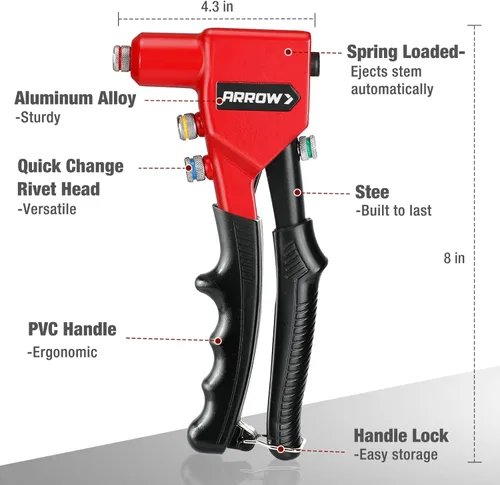 Vista 8 de Arrow RT187M - Kit de remachadora manual profesional con remaches de 3/32 pulgadas, 1/8 pulgadas, 5/32 pulgadas, 3/16 pulgadas, 100 piezas