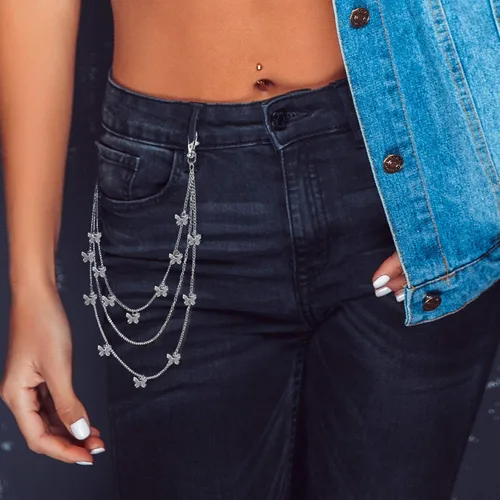 Vista 4 de 5 Pieces Jeans Chains Set Hip Hop Pants Chains Pocket Chain Butterfly Lock Star Pendant Belt Multi Layer Chains for Men Women