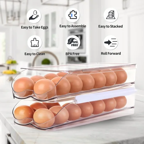 Vista 6 de RoskDeewat Soporte para Huevos para Refrigerador, Contenedor de Huevos con Rodamiento Automático para Refrigerador, Organizadores de Refrigerador