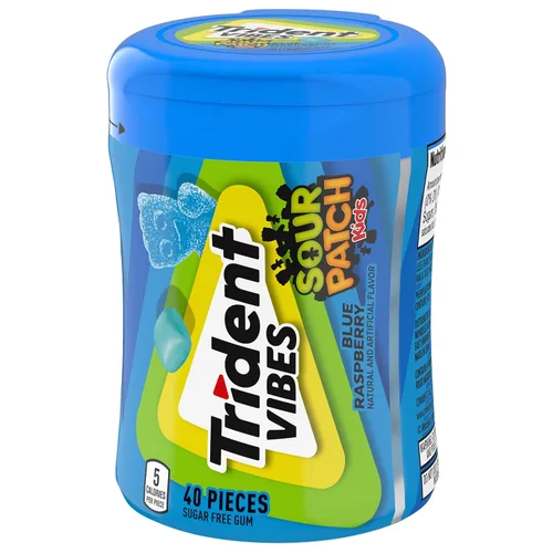 Vista 11 de Trident Vibes SOUR PATCH KIDS - Goma de mascar sin azúcar de frambuesa azul, botella de 40 piezas