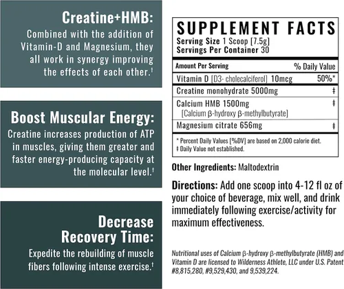 Vista 5 de Wilderness Athlete - Creatina HMB - Polvo de monohidrato de creatina micronizada HMB y suplemento de vitamina D3 - Suplemento de creatina en polvo