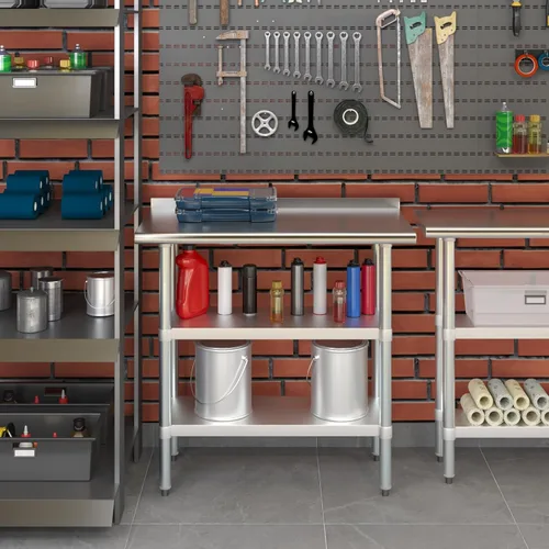 Vista 8 de AmGood Mesa de trabajo de acero inoxidable con protector contra salpicaduras de 1.5 pulgadas y 2 estantes Mesa de cocina de metal para preparación