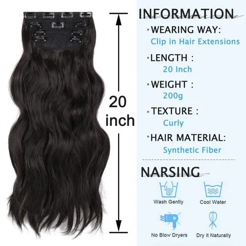 Vista 6 de OMGREAT Extensiones de cabello con clip, 4 piezas de 20 pulgadas, rizado de cabeza completa, extensiones de cabello sintético ondulado para mujer