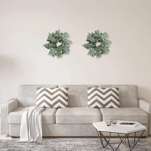 Vista 5 de Corona de eucalipto verde artificial, corona verde de 15 pulgadas con racimos de flores blancas, mini coronas de primavera/verano para decoración