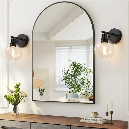 Vista 7 de Indoi Juego de 2 apliques de pared actualizados 2026, luces de tocador modernas negras con pantalla de globo de vidrio transparente, lámparas