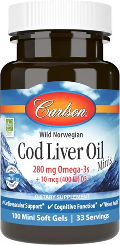 Carlson - Minis de aceite de hígado de bacalao, 280 mg de omega-3 + vitaminas A y D3, apoyo cardíaco y función cognitiva, salud de la visión, 100