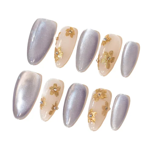 Vista 16 de Sun&Beam Nails Uñas a presión hechas a mano, medianas y largas, almendra, ovalada, azul y blanco, concha de perla, diseño 3D, bonitos dijes