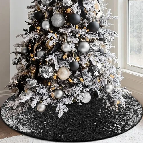 Vista 9 de Falda de lentejuelas para árbol de Navidad, 48 pulgadas, doble capa, para bodas y fiestas