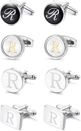 LOYALLOOK Juego de 4 pares de gemelos con letras iniciales para hombre, gemelos grabados, gemelos del alfabeto, a la moda, deslumbrante, esmoquin,
