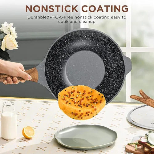 Vista 4 de ITSMILLERS Wok antiadherente y sartén de 12.5 pulgadas con espátula, de aluminio fundido a presión, resistente a los arañazos, wok saludable
