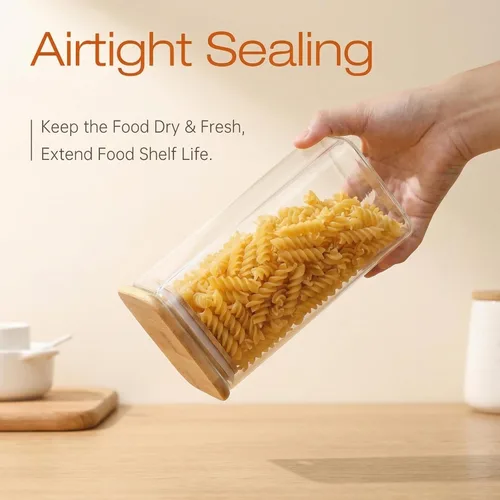 Vista 5 de 57oz - Paquete de 3 tarros cuadrados de vidrio con tapas de bambú, recipientes de almacenamiento de alimentos de vidrio con tapas herméticas