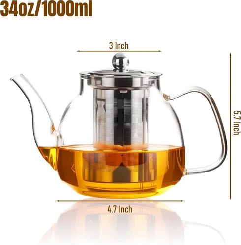 Vista 2 de PARACITY Tetera de vidrio para estufa 34 OZ, tetera de borosilicato transparente con infusor extraíble de acero inoxidable 18/8, tetera para té