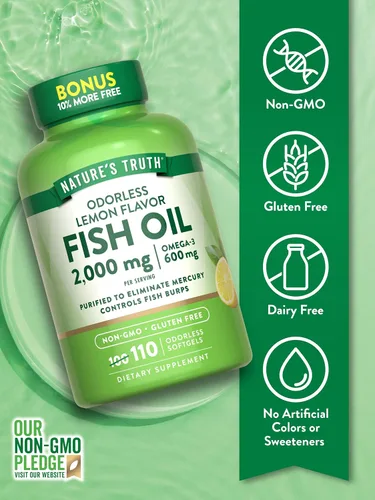 Vista 3 de Nature's Truth Aceite de pescado de 2000 mg 110 cápsulas blandas Omega-3 Sabor a limón Suplemento sin OMG y sin gluten