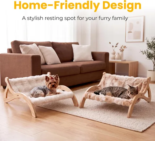 Vista 9 de Cama elevada para gatos de interior, bonita hamaca para gatos en forma de pata, con cómodo cojín lavable, muebles de madera maciza para mascotas