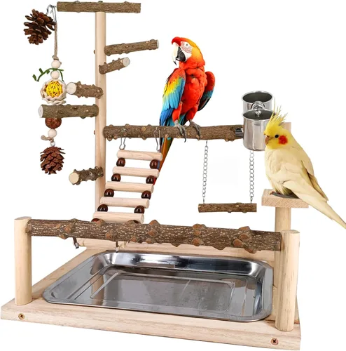 Vista 7 de Parque infantil para pájaros, juguetes naturales para loros, soporte de perca, columpio de cacatúa con juguetes para masticar, plataforma de loro