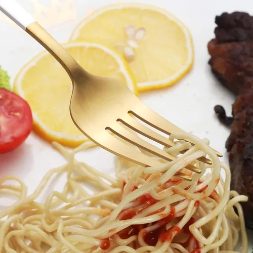 Vista 5 de Juego de Cubiertos de Plata de Oro Blanco Mate, Juego de Cubiertos Modernos de Acero Inoxidable de 30 Piezas, Juego de Cubiertos Cepillados Servicio