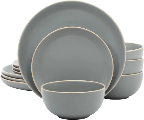 Vista 14 de Gibson Home Dempsey Road - Juego de vajilla de gres de 12 piezas – Servicio para 4, platos y cuencos redondos negros, juego moderno de platos