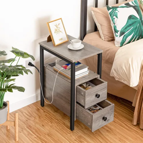Vista 2 de HOOBRO Mesa auxiliar con estación de carga, mesa auxiliar estrecha con 2 cajones, puertos USB y tomas de corriente, mesita de noche para espacios