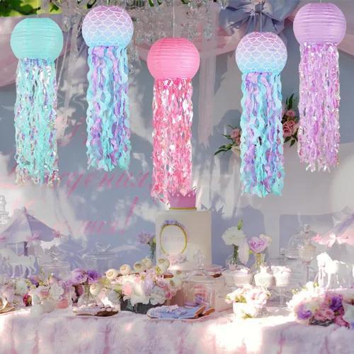 Vista 6 de Decoraciones de cumpleaños de sirena, linternas de papel de medusas rosadas lavanda azul, escamas de sirena colgantes en forma de linterna