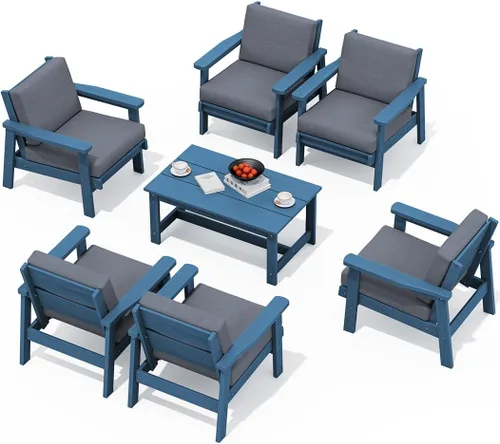 Vista 25 de SERWALL Sofá biplaza para patio al aire libre de HDPE, para todo tipo de clima, muebles de exterior de HDPE, marco negro y cojín gris