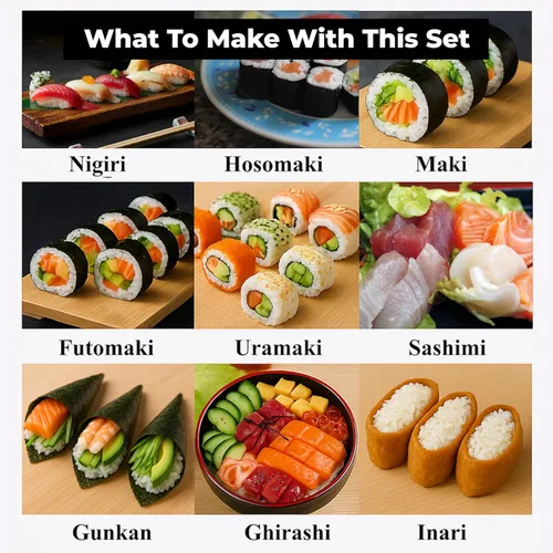 Vista 5 de Albino monkey Kit para hacer sushi – Alfombrilla y rodillo de bambú para sushi, bazuca de sushi, rebanador de aguacate y molde de onigiri – Kit