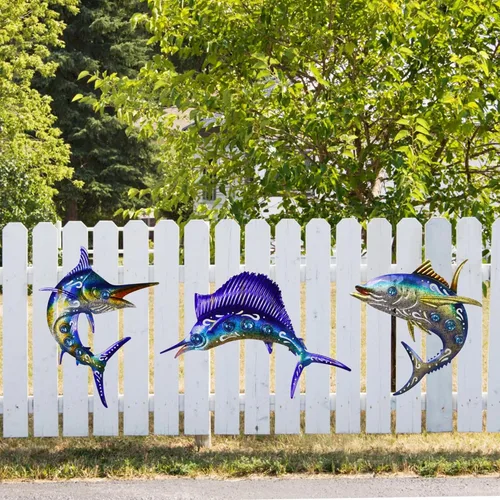 Vista 7 de Decoración de pared de peces de metal, juego de 3 piezas de pez espada de atún Marlin, tema tropical azul y dorado, decoración para el día