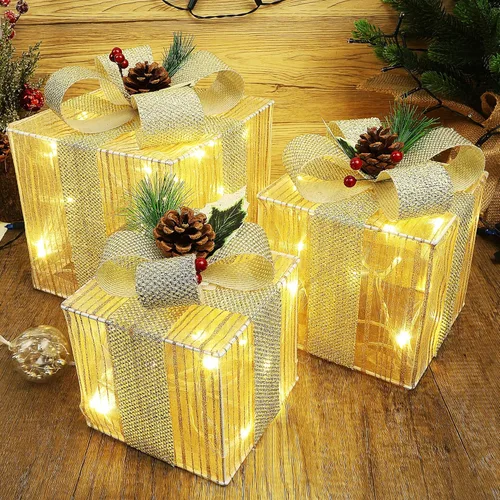 Vista 8 de Lulu Home Juego de 3 cajas de Navidad iluminadas, 60 luces LED con moños, cajas de Navidad enchufables para decoración de árboles de Navidad