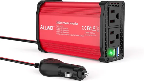 Vista 12 de ALLWEI Inversor de corriente de 300 W, 12 V CC a 110 V CA, adaptador de enchufe de automóvil, convertidor de salida con 27 W PD USB-C y cargador