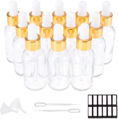 Vista 15 de PrettyCare Botella de Vidrio con Cuentagotas para Ojos 2 oz (60 ml), 24 Piezas de Botellas Transparentes y Vacías Gruesas a Granel con Tapas Dorada