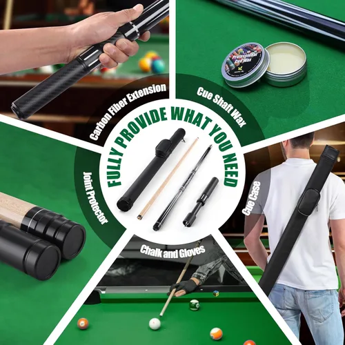 Vista 5 de Premium Pool Cue Stick Set, 58'' Billiard Cues Canadian Maple Wood Stick 13mm Tip with Pool Cue Case, Telescopic Carbon Fiber Extension Cue &