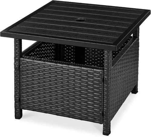 Best Choice Products Mesa auxiliar de mimbre con agujero para paraguas, mesa auxiliar cuadrada de ratán de polietileno para patio, jardín, piscina,