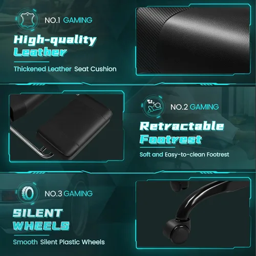 Vista 7 de Silla de juegos con RGB, sillas de juegos de computadora con luces LED y reposapiés para el hogar, oficina, color negro