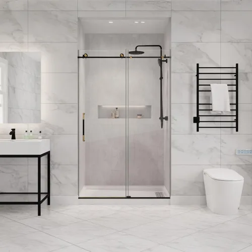 Vista 17 de ANZZI SD-AZ13-02BN - Puerta de ducha sin marco de 76 x 60 pulgadas, níquel cepillado, kit completo de ducha Madam, panel de vidrio deslizante