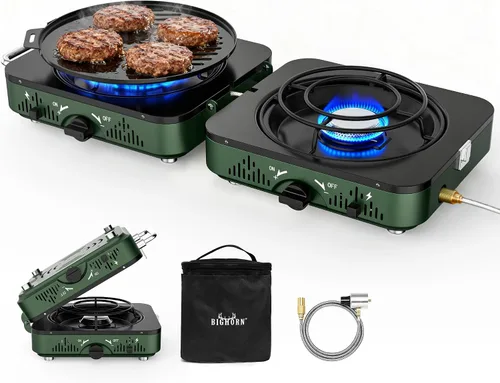 BIG HORN OUTDOORS Estufa de campamento de propano de 2 quemadores, estufa de campamento portátil, estufa de gas plegable, incluye sartén y bolsa de