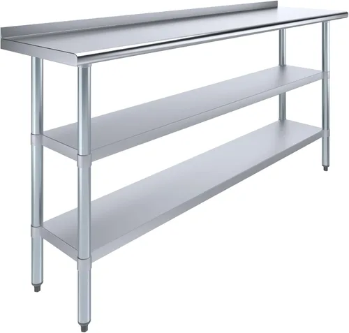 Vista 14 de AmGood Mesa de trabajo de acero inoxidable con protector contra salpicaduras de 1.5 pulgadas y 2 estantes Mesa de cocina de metal para preparación