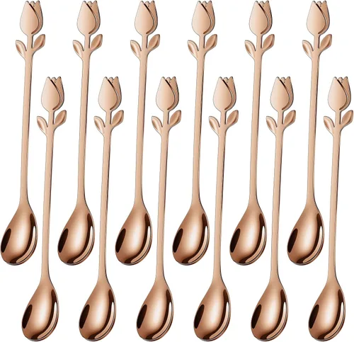 Vista 14 de Juego de 12 Mini Cucharas de Café con Mango de Tulipán/Rosa Plateado - Acero Inoxidable de 6" para Espresso, Té, Postre - Ideal para Demitasse