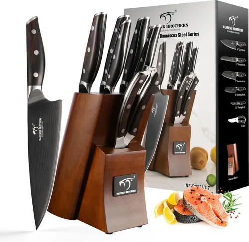 Juego de cuchillos de damasco de 7 piezas con bloque de madera, cuchillos de cocina recubiertos de titanio negro para chefs profesionales y cocina