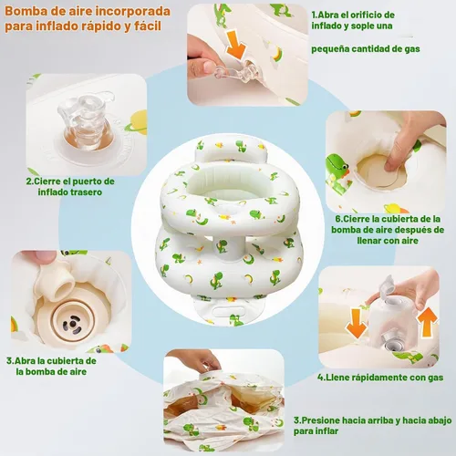 Vista 7 de EXBEPE - Asiento de bebé inflable grueso con parachoques delantero Blanco con patrón de dinosaurio verde