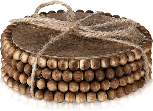 Vista 8 de Honeydak Juego de 4 posavasos de madera redondos con cuentas, juego de posavasos de madera para bebidas, mesa decorativa, cocina, casa de campo