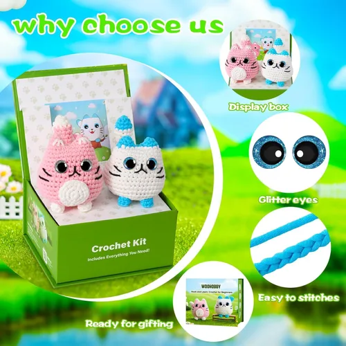 Vista 3 de Woohobby Kit de ganchillo para principiantes y adultos, tutoriales en video paso a paso, paquete de 2 unidades, kit de animales de ganchillo